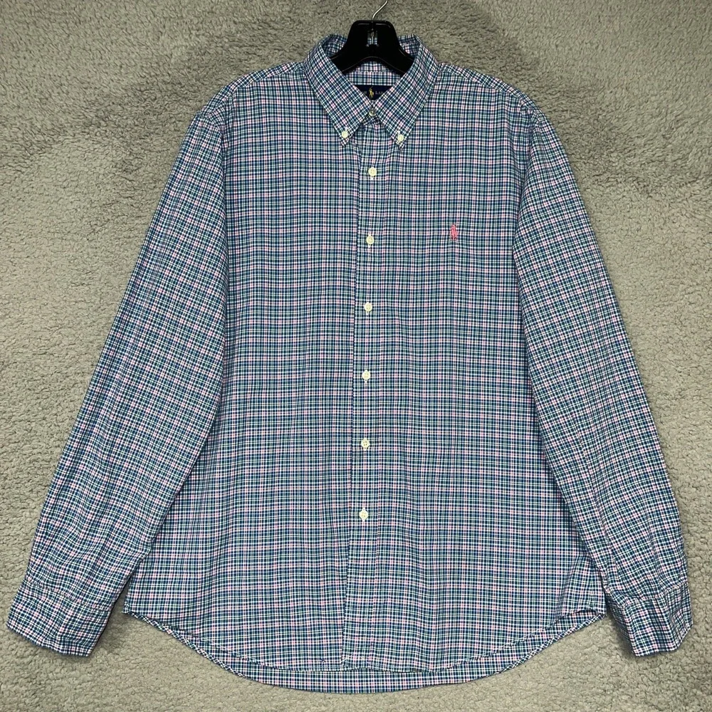Ralph Lauren Shirt Men's Size L Multicolor Plaid Pink Pony Custom Fit Button‎ Up